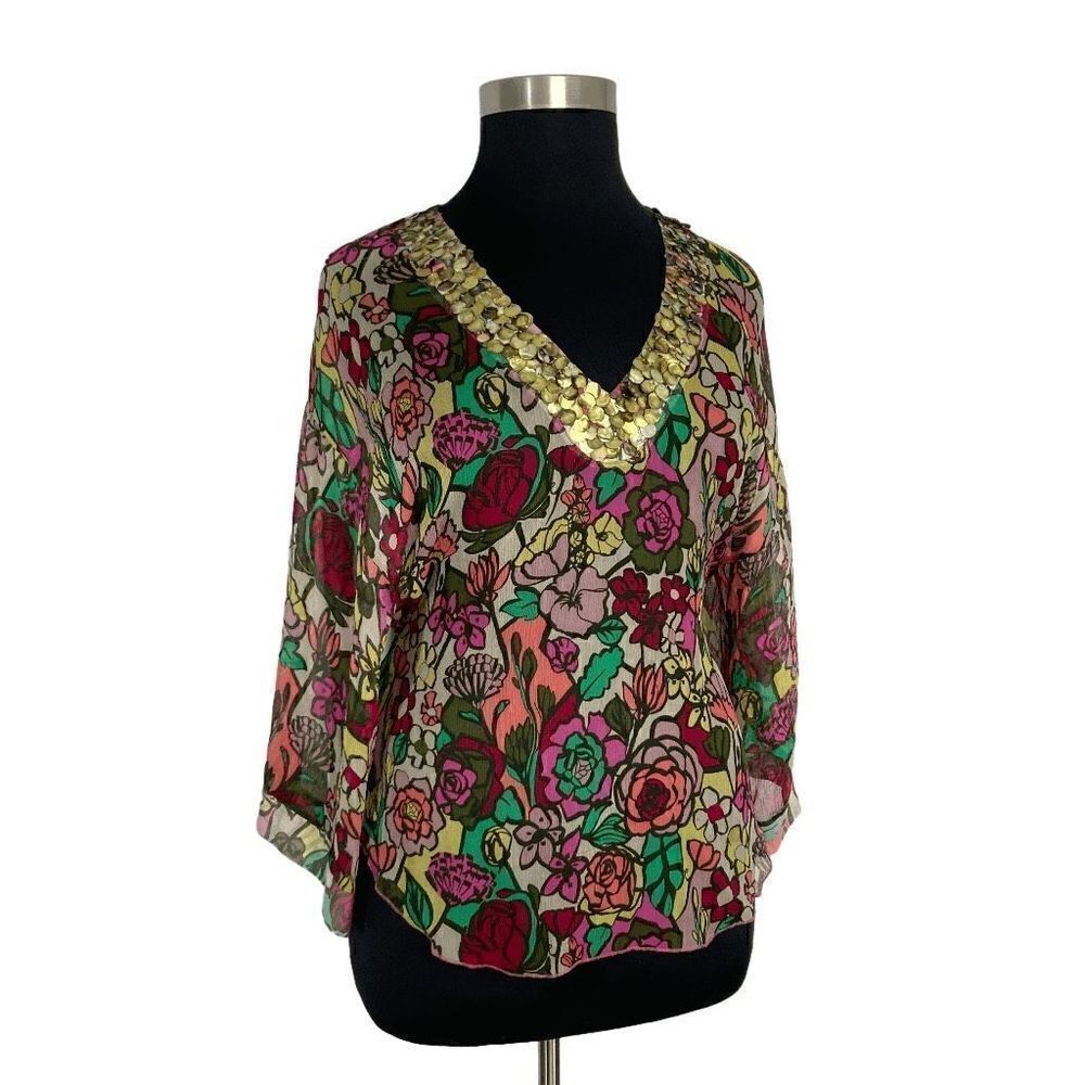 Tom K Nguyen L Multi-Color Floral Silk Top Sheer Sequin Y2K VTG Boho Art To Wear